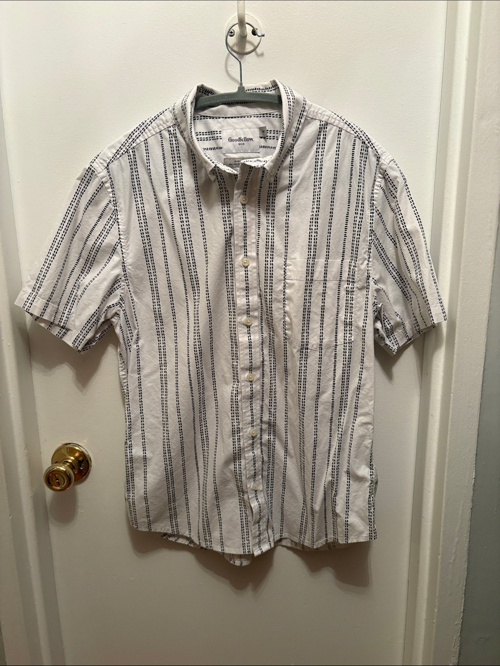 Goodfellow & Co White Short-Sleeve Button-Up with Navy Vertical Stripes